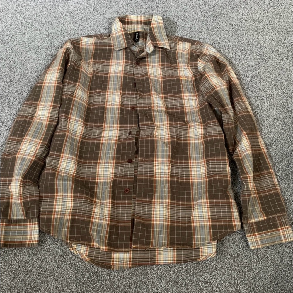 RVCA Mens Button Up Shirt Size Small Long Sleeve Brown Plaid